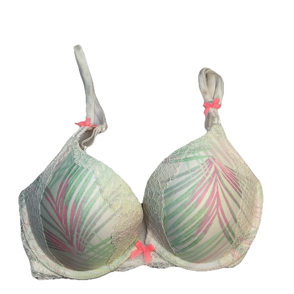 Victoria's Secret 32D Bra Green white orange bows Palm Tree  Padded Lace Summer